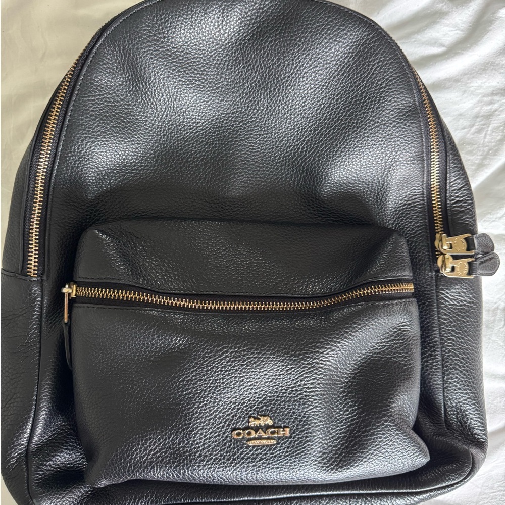 Coach Black Leather Backpack with Gold Accents